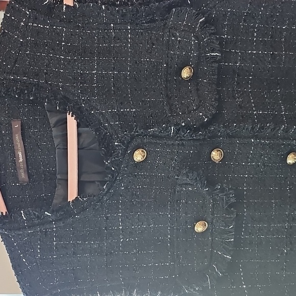 Anthropologie Hazel Black Boucle Tweed Fringe Gold Button Up Vest Pockets Sz L - Picture 5 of 9